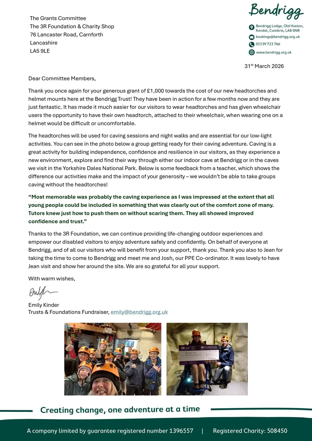 Bendrigg Report to 3R Foundation - Headtorch grant!